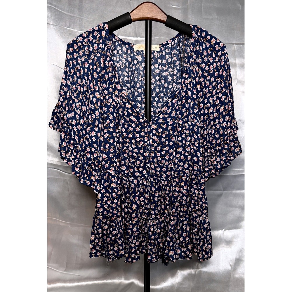 Rewind Floral Boho Peplum Blouse Blue Pink Ruffle Sleeve Cottagecore Top S‎